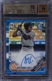 2019 Bowman Chrome Prospect Autographs Blue Refractor #CPAML Marco Luciano Signed 1st Bowman Card (#110/150) - BGS PRISTINE 10/BGS 10